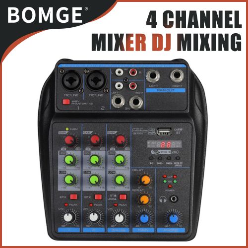 BOMGE Console de Mixage Dj 2 Canaux Avec Bluetooth Alimentation Phantom 48V Système de Karaoke Mixeur Audio Usb