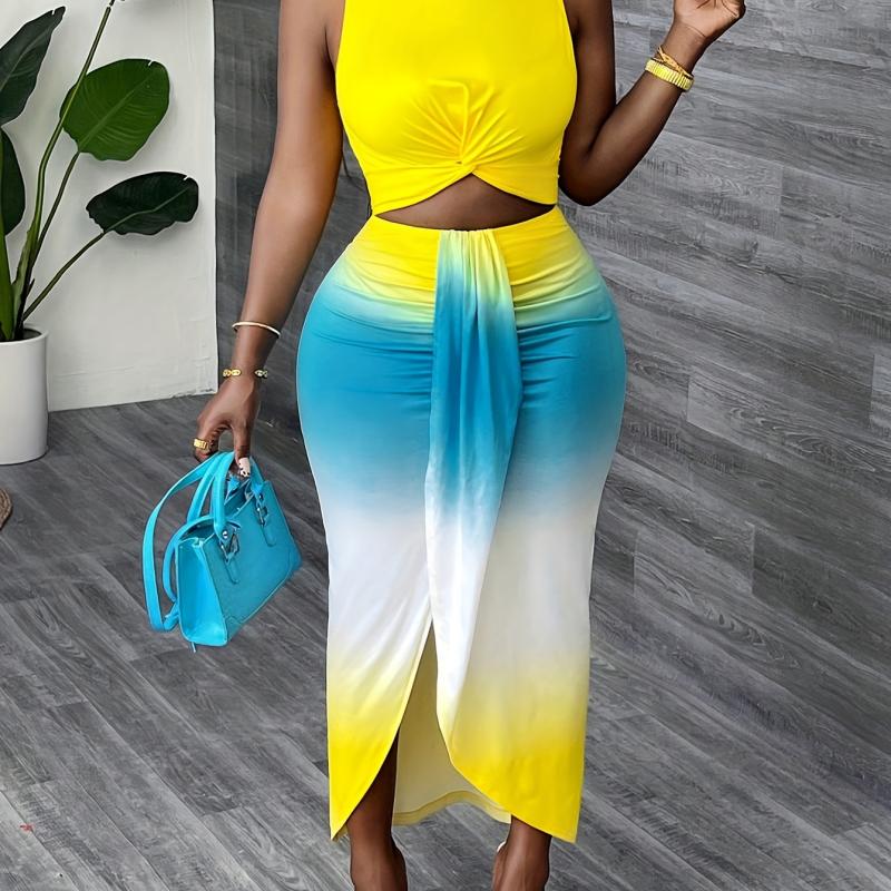 Robe sans manches à deux tons jaune et bleu vif pour femme avec détail découpé - Bodycon, été, sexy, col rond, parfaite