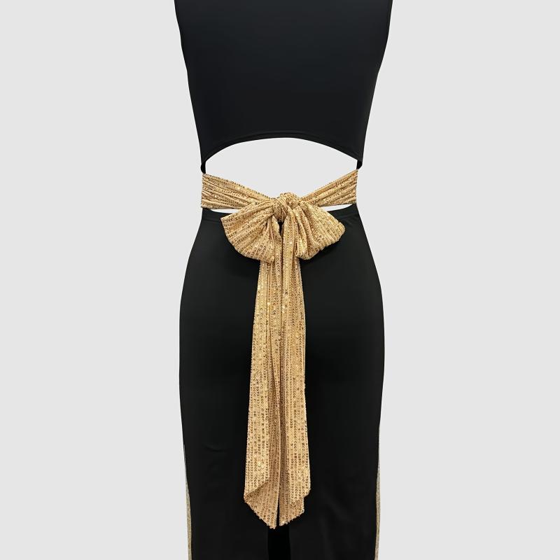 Robe élégante sans manches à col carré avec fente latérale et détails en paillettes - Noir, dos, détail en nœud