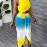 Robe sans manches à deux tons jaune et bleu vif pour femme avec détail découpé - Bodycon, été, sexy, col rond, parfaite