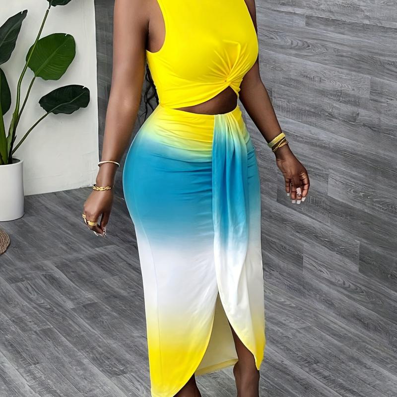 Robe sans manches à deux tons jaune et bleu vif pour femme avec détail découpé - Bodycon, été, sexy, col rond, parfaite