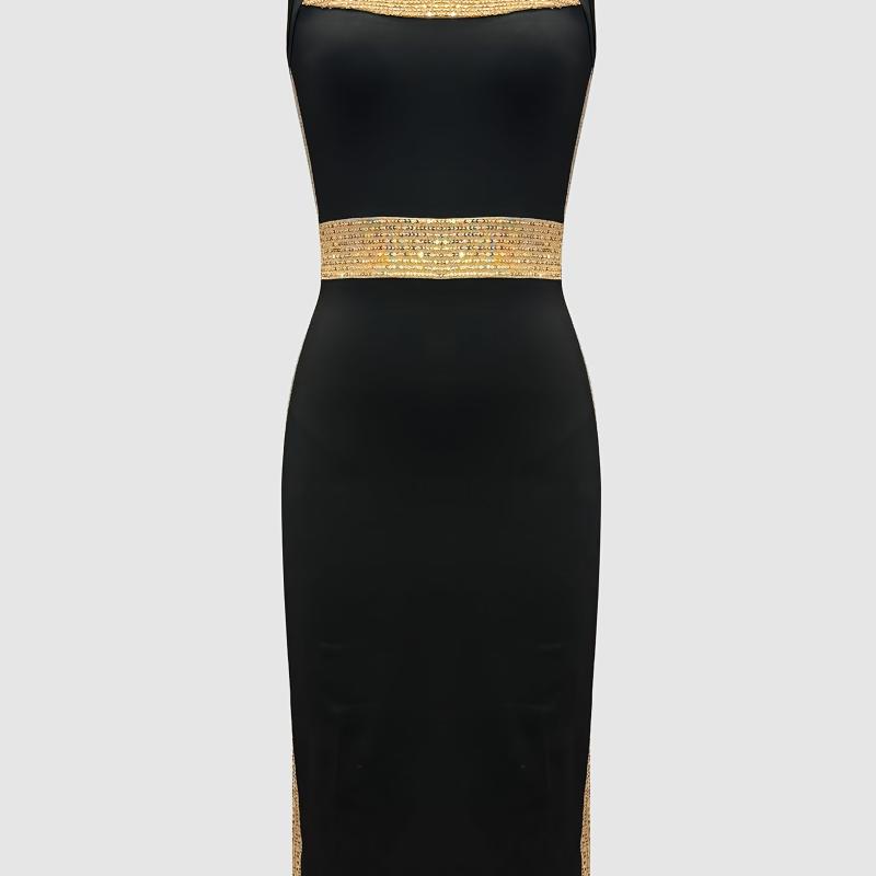 Robe élégante sans manches à col carré avec fente latérale et détails en paillettes - Noir, dos, détail en nœud