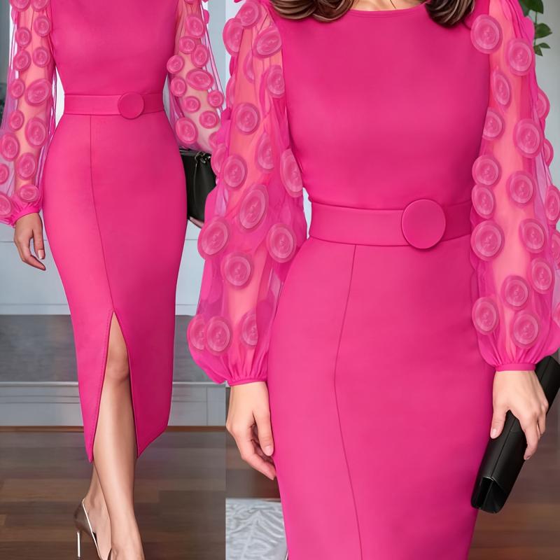 Robe sirène à ourlet fendu en A pour femme avec filet pétale et manches courtes