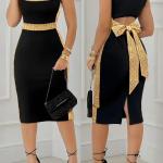 Robe élégante sans manches à col carré avec fente latérale et détails en paillettes - Noir, dos, détail en nœud