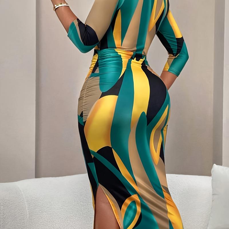 Robe Élégante à Col en V pour Femme avec Imprimé Géométrique, Tissu Polyester Mi-Extensible