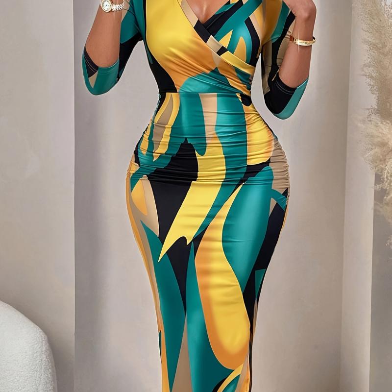 Robe Élégante à Col en V pour Femme avec Imprimé Géométrique, Tissu Polyester Mi-Extensible