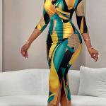 Robe Élégante à Col en V pour Femme avec Imprimé Géométrique, Tissu Polyester Mi-Extensible