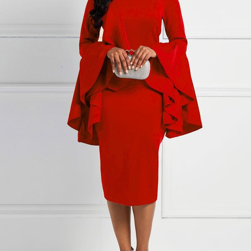Robe élégante femme en rouge uni à manches bouffantes et col montant