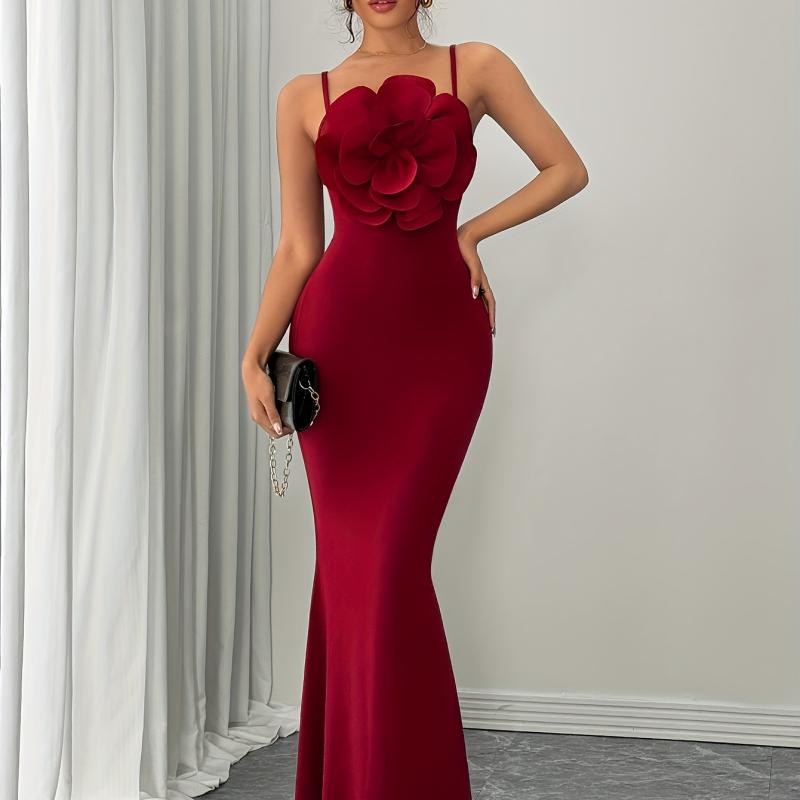 Robe moulante rouge à grand motif floral pour femmes, tendance et élégante