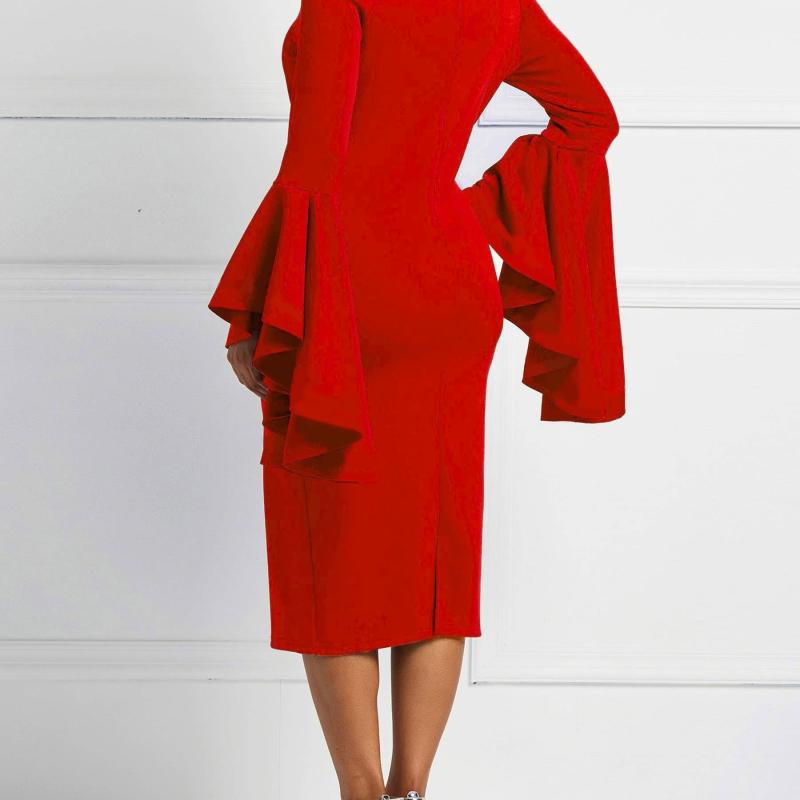 Robe élégante femme en rouge uni à manches bouffantes et col montant