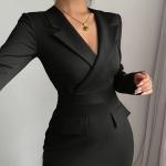Robe Élégante et Simple à Col de Costume Noir Manches Longues pour Femme