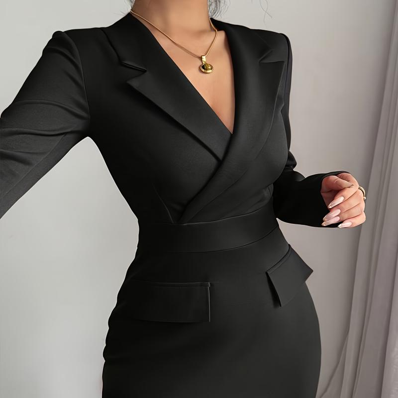 Robe Élégante et Simple à Col de Costume Noir Manches Longues pour Femme